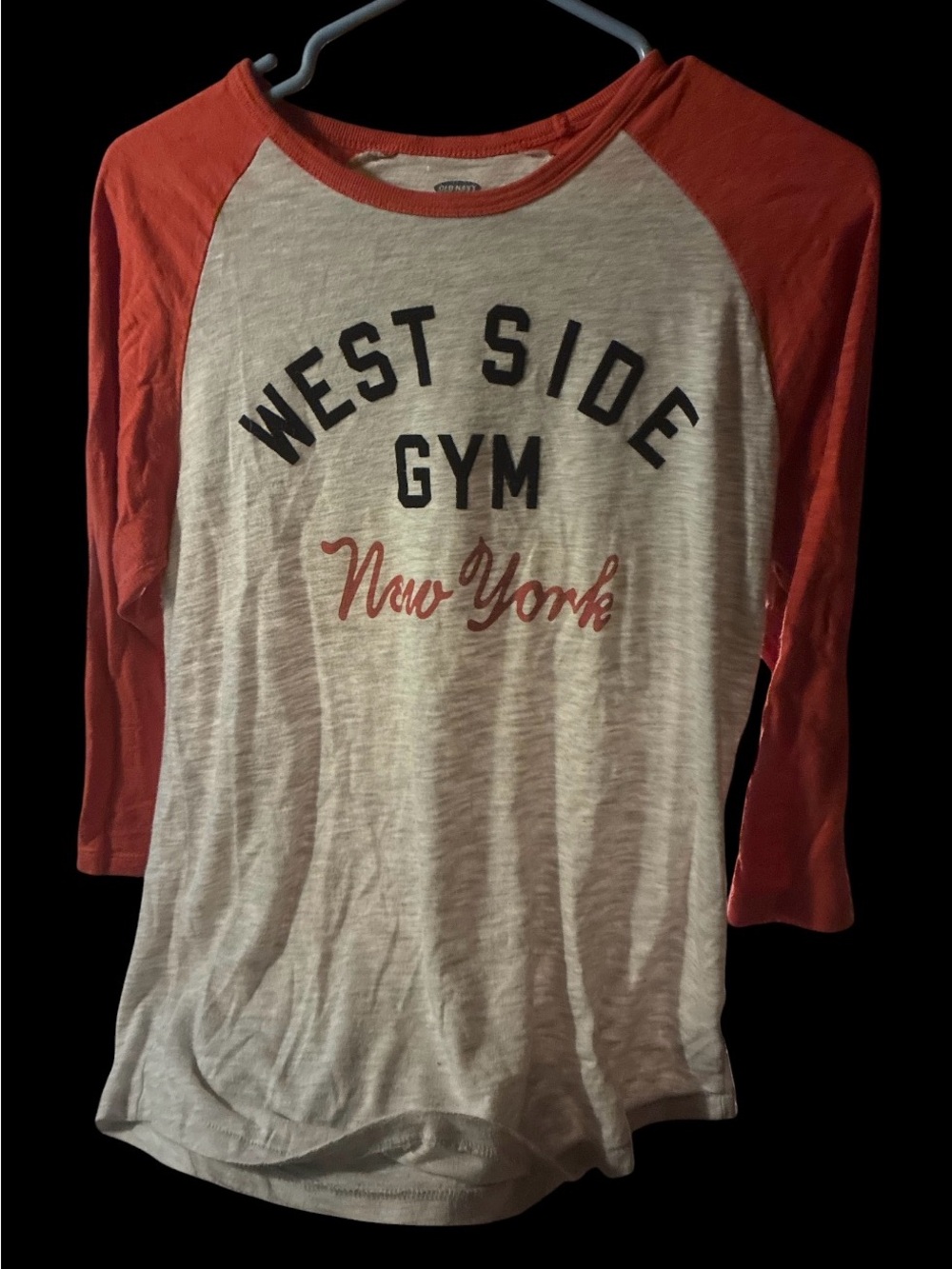 Old Navy West Side Gym New York Orange Grey Baseball Raglan Tee Small
